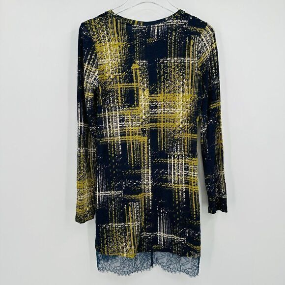 LOGO Lori Goldstein Size XS Navy Blue & Yellow Long Sleeve Lace Trim Tunic Top - Picture 7 of 9